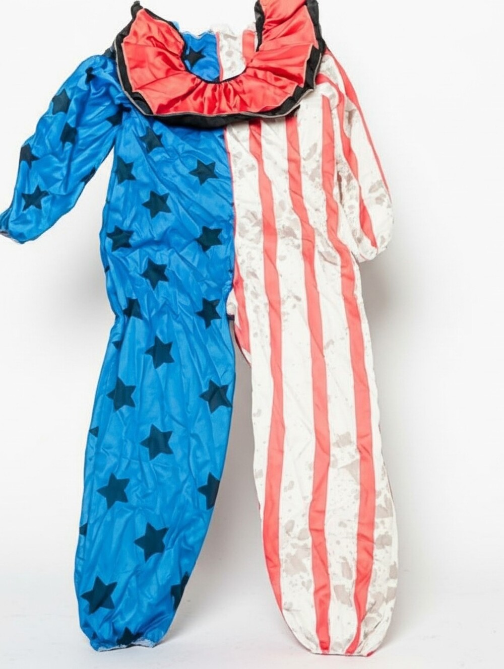 Creepy Clown Star & Stripe One-Piece Costume With Neck Ruffle Blue & Red